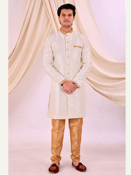 White Silk Blend Sherwani Set with White Pyjama for Men - DBMS1002