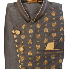 Grey Silk Blend Sherwani Set with Beige Pyjama for Men - DBMS1003
