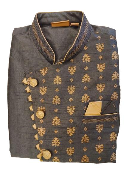 Grey Silk Blend Sherwani Set with Beige Pyjama for Men - DBMS1003