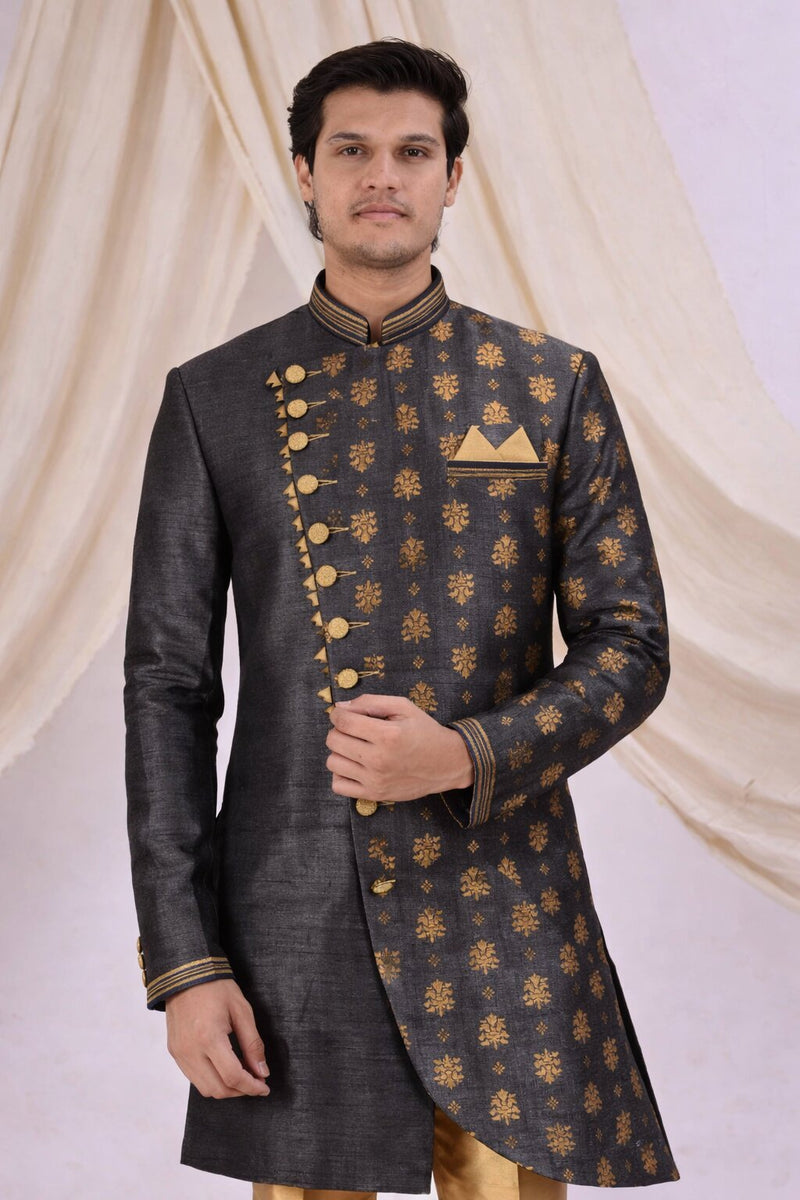Grey Silk Blend Sherwani Set with Beige Pyjama for Men - DBMS1003