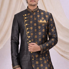 Grey Silk Blend Sherwani Set with Beige Pyjama for Men - DBMS1003