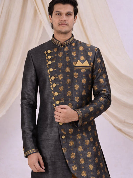 Grey Silk Blend Sherwani Set with Beige Pyjama for Men - DBMS1003