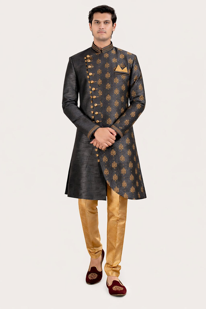 Grey Silk Blend Sherwani Set with Beige Pyjama for Men - DBMS1003
