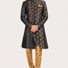 Grey Silk Blend Sherwani Set with Beige Pyjama for Men - DBMS1003