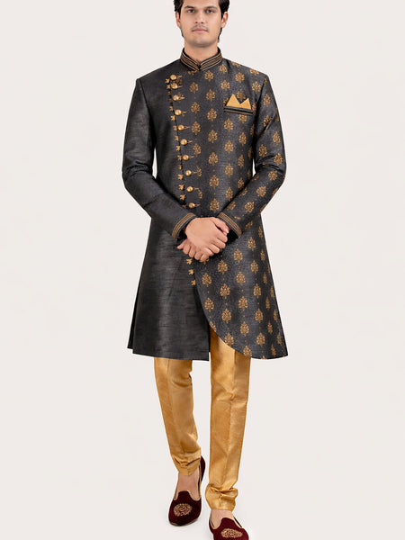 Grey Silk Blend Sherwani Set with Beige Pyjama for Men - DBMS1003