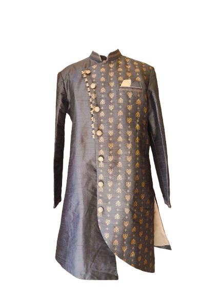 Grey Silk Blend Sherwani Set with Beige Pyjama for Men - DBMS1003
