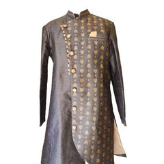 Grey Silk Blend Sherwani Set with Beige Pyjama for Men - DBMS1003
