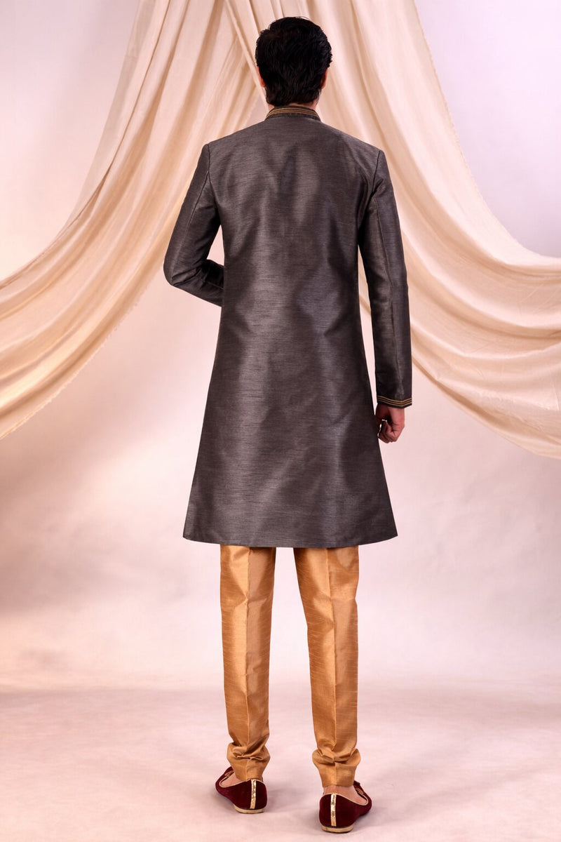 Grey Silk Blend Sherwani Set with Beige Pyjama for Men - DBMS1003