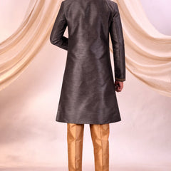 Grey Silk Blend Sherwani Set with Beige Pyjama for Men - DBMS1003