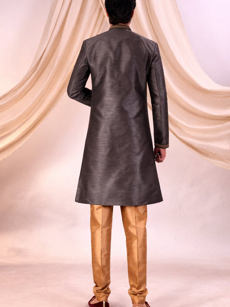 Grey Silk Blend Sherwani Set with Beige Pyjama for Men - DBMS1003
