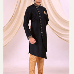 Black Silk Blend Sherwani Set with Beige Pyjama for Men - DBMS1004