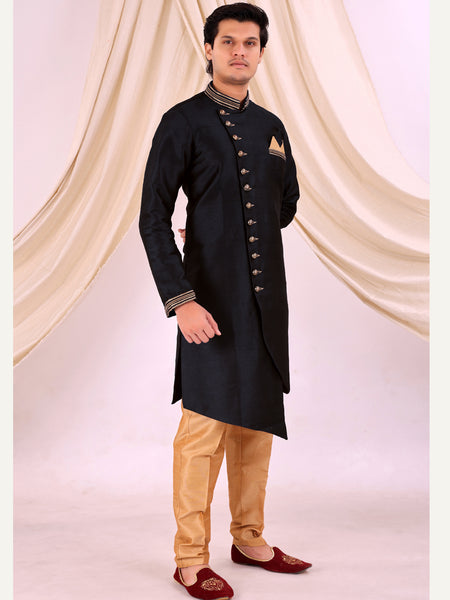 Black Silk Blend Sherwani Set with Beige Pyjama for Men - DBMS1004