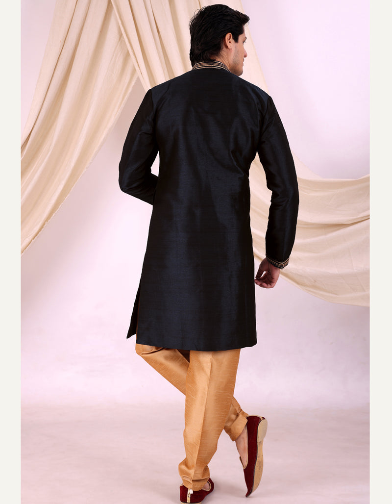 Black Silk Blend Sherwani Set with Beige Pyjama for Men - DBMS1004