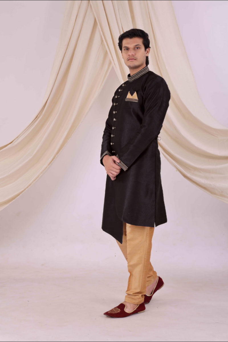 Black Silk Blend Sherwani Set with Beige Pyjama for Men - DBMS1004