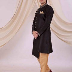 Black Silk Blend Sherwani Set with Beige Pyjama for Men - DBMS1004