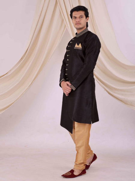 Black Silk Blend Sherwani Set with Beige Pyjama for Men - DBMS1004