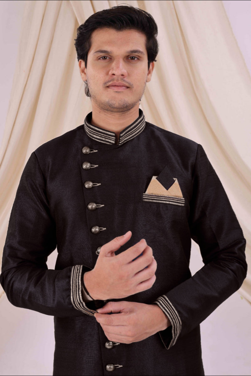 Black Silk Blend Sherwani Set with Beige Pyjama for Men - DBMS1004