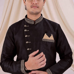 Black Silk Blend Sherwani Set with Beige Pyjama for Men - DBMS1004