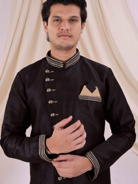 Black Silk Blend Sherwani Set with Beige Pyjama for Men - DBMS1004