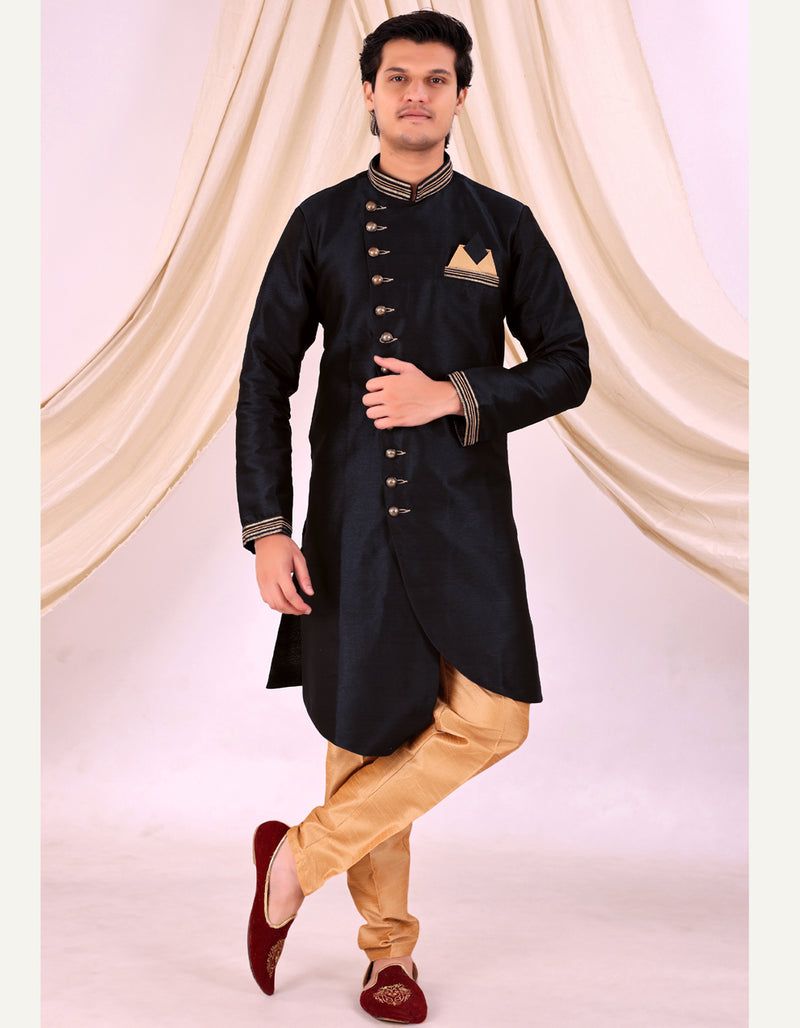 Black Silk Blend Sherwani Set with Beige Pyjama for Men - DBMS1004