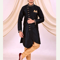 Black Silk Blend Sherwani Set with Beige Pyjama for Men - DBMS1004