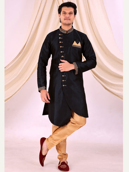 Black Silk Blend Sherwani Set with Beige Pyjama for Men - DBMS1004