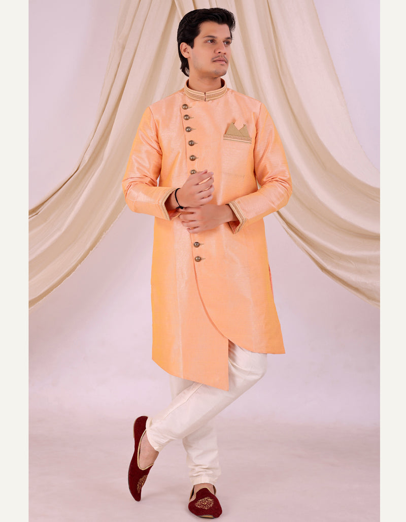 Orange Silk Blend Sherwani Set with Beige Pyjama for Men - DBMS1005