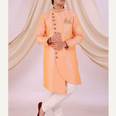 Orange Silk Blend Sherwani Set with Beige Pyjama for Men - DBMS1005