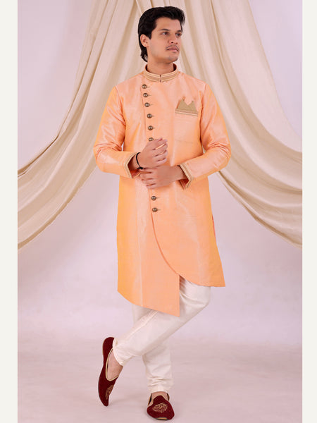Orange Silk Blend Sherwani Set with Beige Pyjama for Men - DBMS1005
