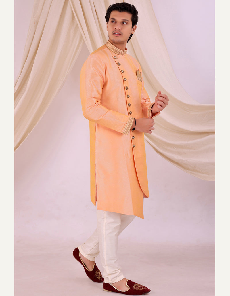 Orange Silk Blend Sherwani Set with Beige Pyjama for Men - DBMS1005