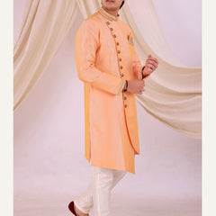 Orange Silk Blend Sherwani Set with Beige Pyjama for Men - DBMS1005