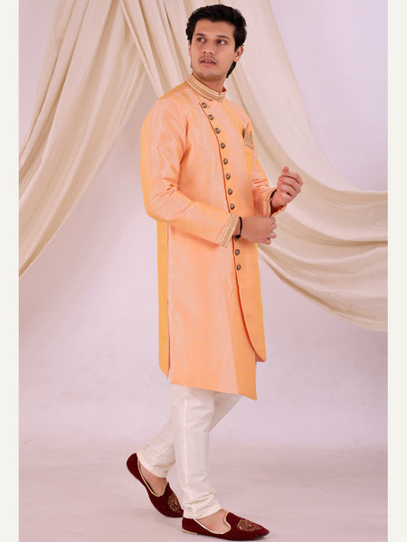 Orange Silk Blend Sherwani Set with Beige Pyjama for Men - DBMS1005