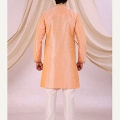 Orange Silk Blend Sherwani Set with Beige Pyjama for Men - DBMS1005