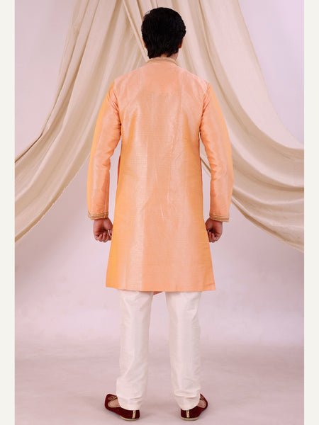 Orange Silk Blend Sherwani Set with Beige Pyjama for Men - DBMS1005
