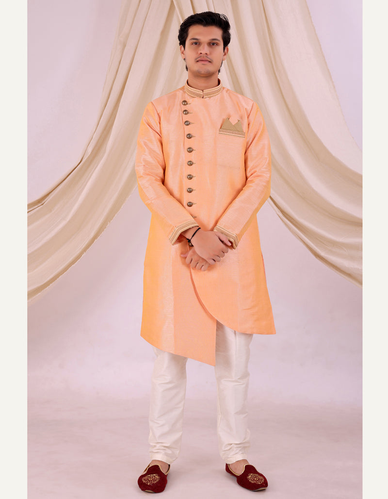 Orange Silk Blend Sherwani Set with Beige Pyjama for Men - DBMS1005