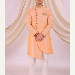 Orange Silk Blend Sherwani Set with Beige Pyjama for Men - DBMS1005