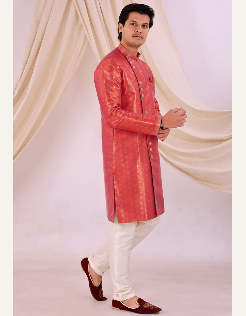 Red Silk Blend Sherwani Set with White Pyjama for Men - DBMS1006