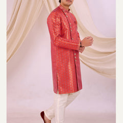 Red Silk Blend Sherwani Set with White Pyjama for Men - DBMS1006