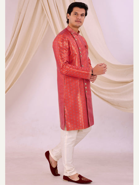 Red Silk Blend Sherwani Set with White Pyjama for Men - DBMS1006