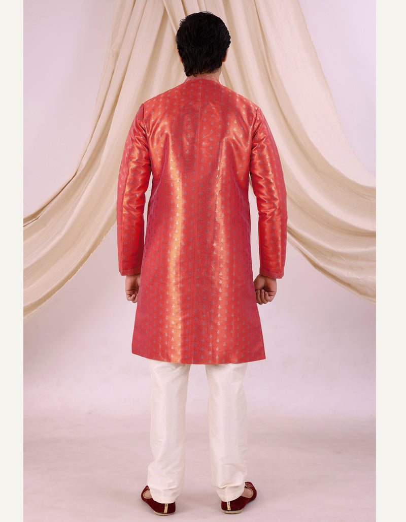 Red Silk Blend Sherwani Set with White Pyjama for Men - DBMS1006