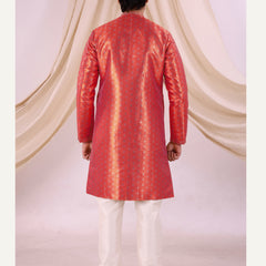 Red Silk Blend Sherwani Set with White Pyjama for Men - DBMS1006