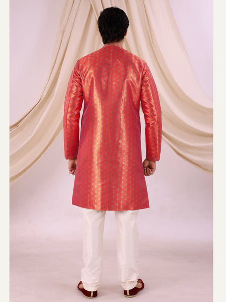 Red Silk Blend Sherwani Set with White Pyjama for Men - DBMS1006