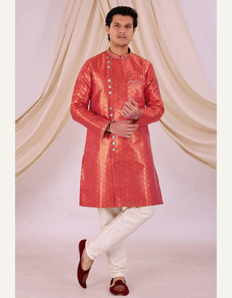 Red Silk Blend Sherwani Set with White Pyjama for Men - DBMS1006