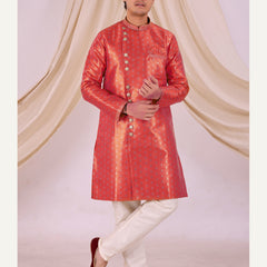 Red Silk Blend Sherwani Set with White Pyjama for Men - DBMS1006