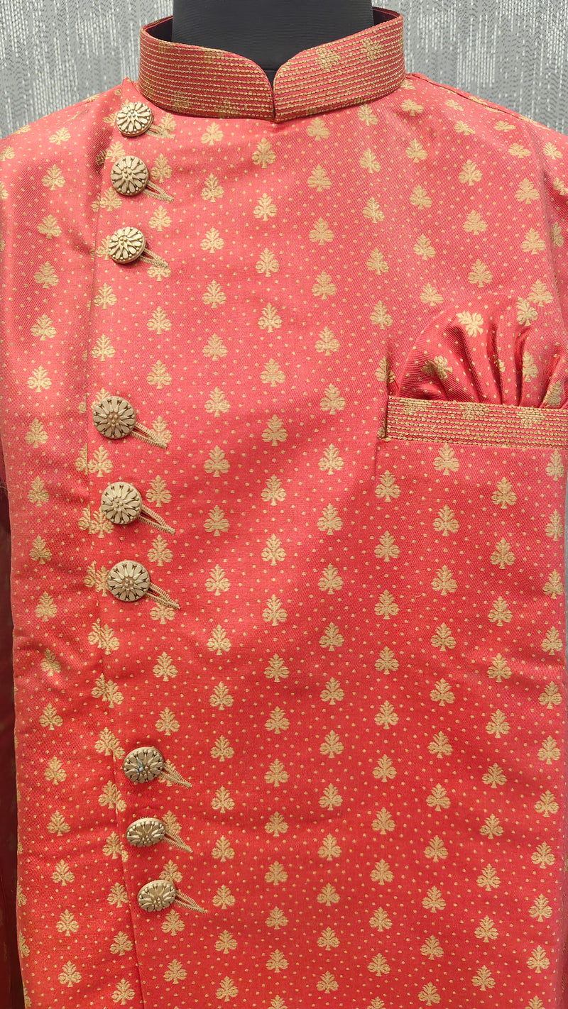 Red Silk Blend Sherwani Set with White Pyjama for Men - DBMS1006