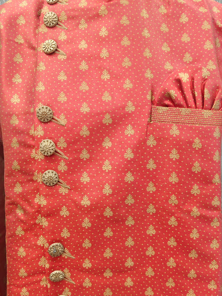 Red Silk Blend Sherwani Set with White Pyjama for Men - DBMS1006