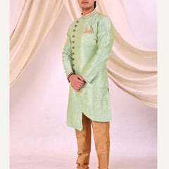 Pista Green Silk Blend Sherwani Set with Beige Pyjama for Men - DBMS1007