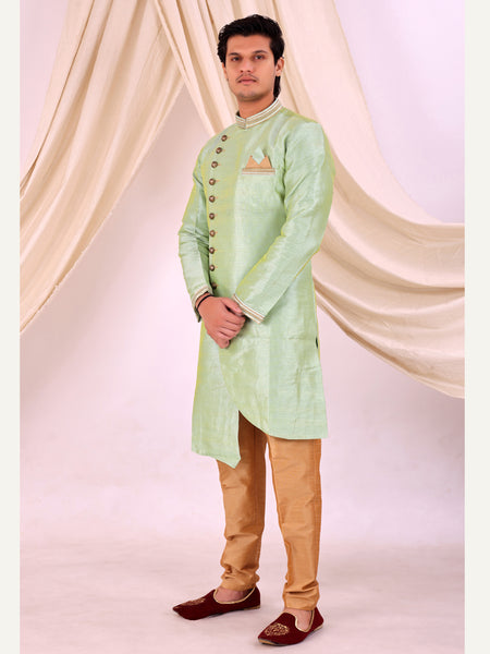 Pista Green Silk Blend Sherwani Set with Beige Pyjama for Men - DBMS1007
