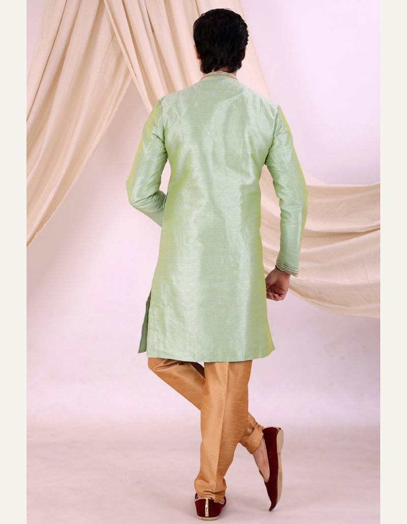 Pista Green Silk Blend Sherwani Set with Beige Pyjama for Men - DBMS1007