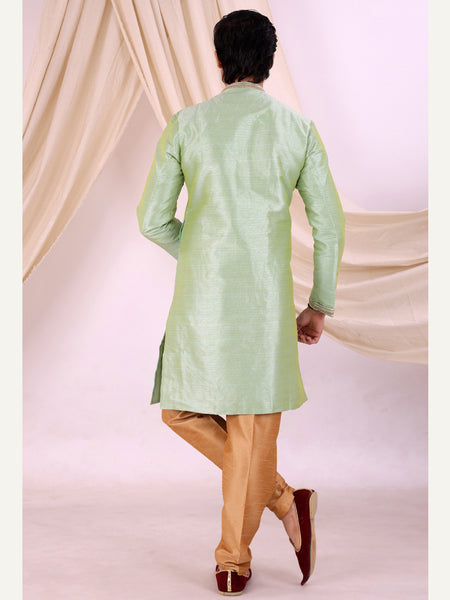 Pista Green Silk Blend Sherwani Set with Beige Pyjama for Men - DBMS1007